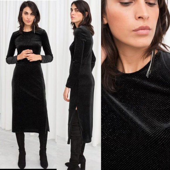 & OTHER STORIES Long Sleeve Velvet Midi Black Dress Bodycon Gold Sparkles Sz. 2 - Picture 1 of 16